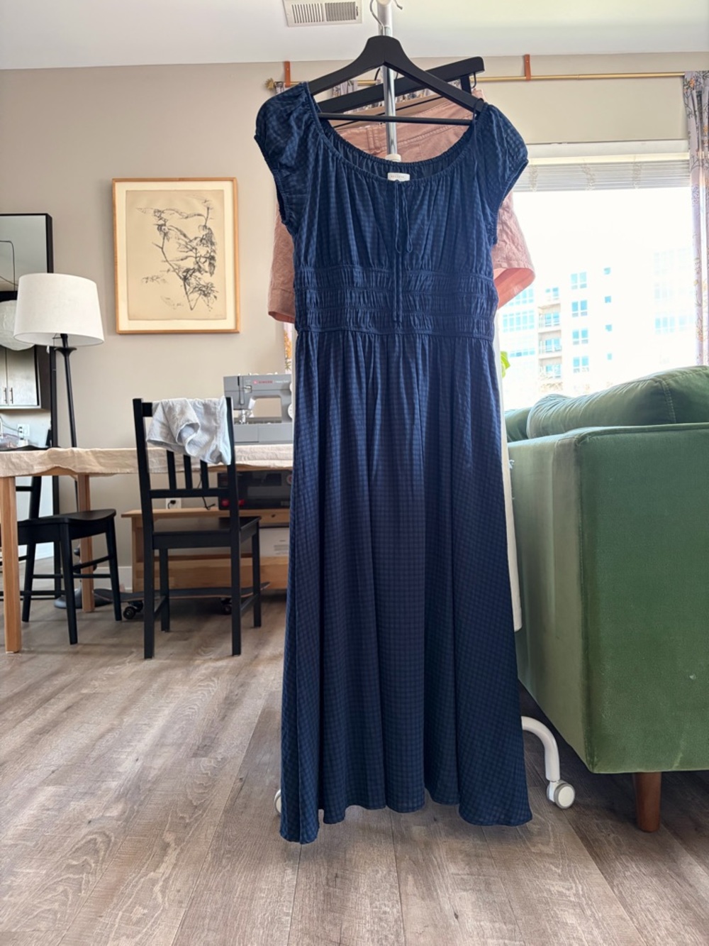Smocked Waist Navy Midi Dress with Cap Sleeves